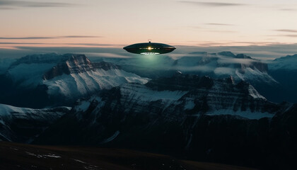 Fototapeta na wymiar Futuristic spaceship hovers over majestic mountain range in alien landscape generated by AI