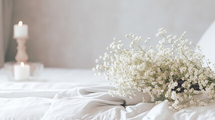 Styled stock photo. Feminine wedding desktop mockup with baby's breath Gypsophila flowers