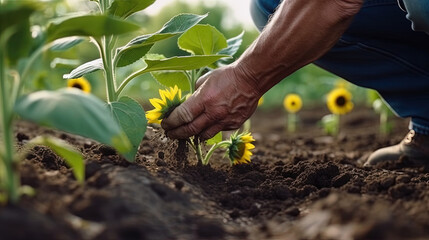 a person is picking up a sunflower in a field