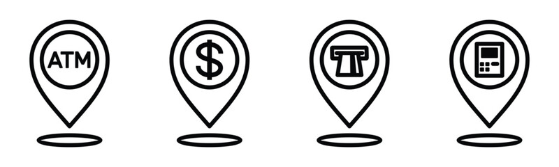ATM location icon. Bank pin map markers icon symbol in line style on white background with editable stroke for apps and websites. Vector illustration