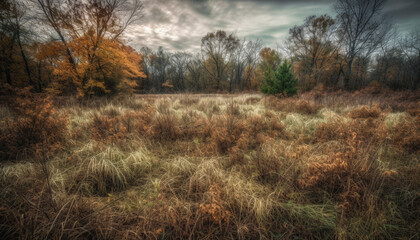 Obraz premium A tranquil scene of a gold colored autumn forest at dusk generated by AI