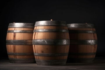 Fototapeta premium Three wooden barrels, front view, Generative AI
