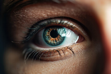 Intense and deep look captured in a close-up of a woman's eye. Macro view of the pupil and iris in stunning blue color. Perfect for emotion, expression and beauty photography. AI Generative.