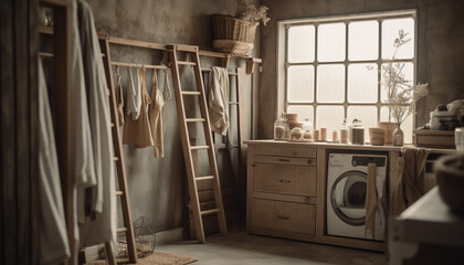 Rustic elegance: old fashioned wood flooring and modern clothing stack generated by AI