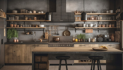 Fototapeta na wymiar Modern elegance in a rustic loft apartment kitchen, clean and sparse generated by AI