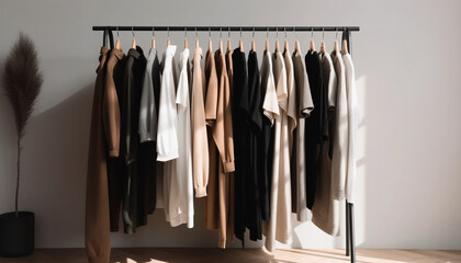 Elegant clothing collection hanging on coathangers in modern boutique generated by AI