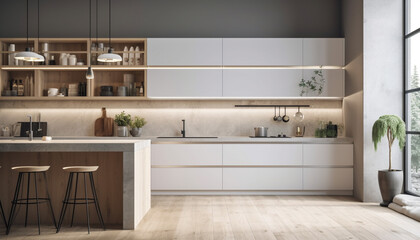 Fototapeta na wymiar Modern luxury loft apartment with bright, clean kitchen and elegant decor generated by AI