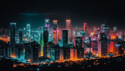 Fototapeta premium Victoria Peak skyscraper skyline glows in multi colored twilight reflection generated by AI