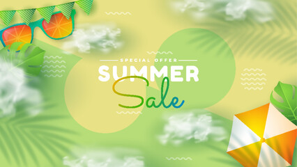Vector illustration template with discount voucher and glasses concept, using summer sale design against sunny tropical beach 3d background. The layout banner is designed in an attractive style.