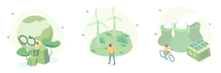 Circular economy illustration set. Sustainable economic growth with renewable energy and natural resources. Green energy, sustainable industry and manufacturing concept. Vector illustration. 