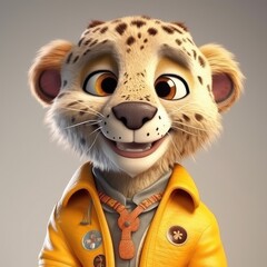 Fototapeta premium 3D cartoon cheetah portrait wearing clothes, standing in front, studio lights, generative ai