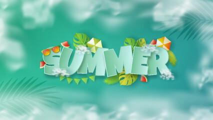 Fototapeta premium 3D Summer text vector banner design with colorful tropical beach elements on green pattern background for summer. Vector illustration.