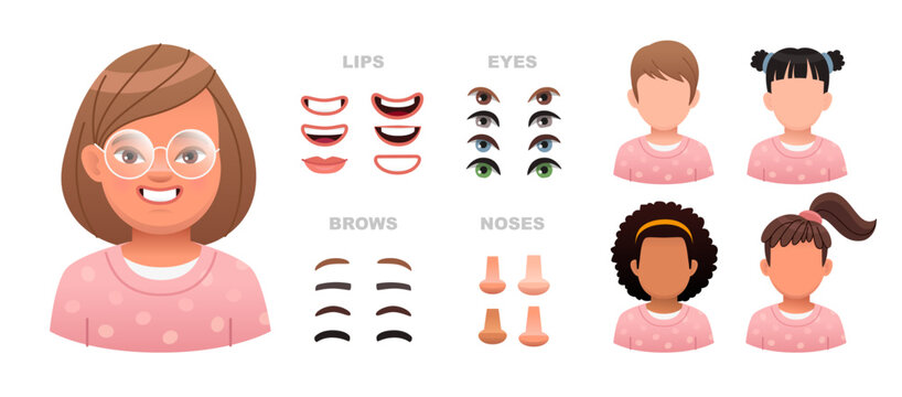 Child face constructor. A set of eyes, noses, eyebrows, lips and hairstyles to create female characters. Facial elements for building a portrait of a little girl.