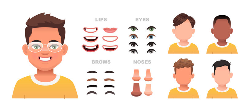 Child face constructor. A set of eyes, noses, eyebrows, lips and hairstyles to create male characters. Facial elements for building a portrait of a little boy.