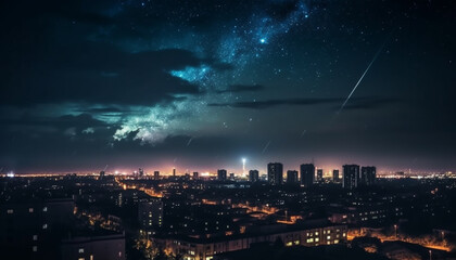 Glowing city life modern architecture, traffic, and star trails generated by AI