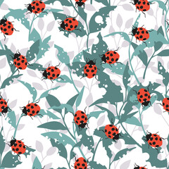 Lady Bugs on Leaves with Holes Vector Graphic Seamless Pattern