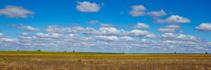 Farmland between Roma and Charleville with cloud formations. Blue sky with trees on hill top. Queensland, Australia. - obrazy, fototapety, plakaty