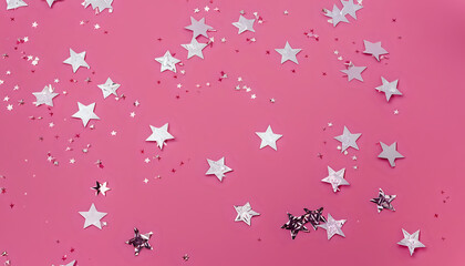 pink stars background, particles for a postcard,Silver stars glittering confetti on pink background. invintation or web banner.png, Ai Generate 