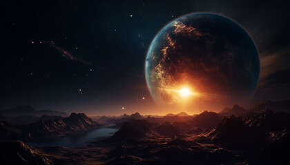 Fototapeta na wymiar Spaceship orbits planet in glowing galaxy, a futuristic adventure landscape generated by AI