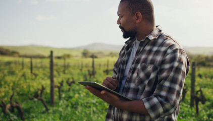 Farm, tablet and a black man on a field for agriculture, sustainability or crop research during...