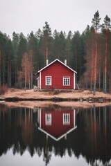 Little red cabin in the woods on a reflective lake. Lone house reflection in the winter forest.