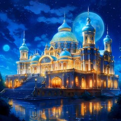 Fototapeta premium a magnificent palace at night with the moon decorating the sky made with generative ai