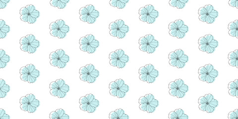 Minimalistic white seamless pattern with cute blue flowers. Pattern for textiles, wrapping paper, covers, wallpapers, backgrounds, postcards