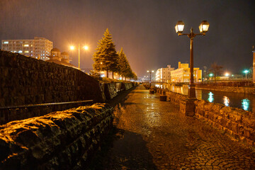 Fototapeta na wymiar 雨降る夜の小樽運河の石畳