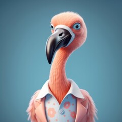 3D cartoon flamingo bird portrait wearing clothes, standing in front, studio lights, generative ai