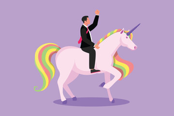 Graphic flat design drawing smart businessman riding unicorn symbol of success. Business startup concept, looking a goal, achievement, leadership. Business metaphor. Cartoon style vector illustration