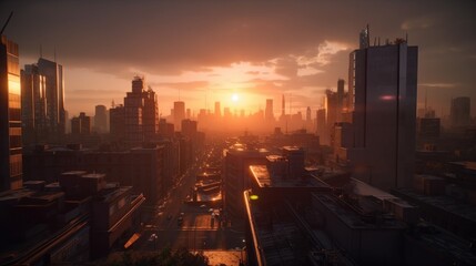 Fototapeta na wymiar sunset over the city skyline, a feeling of futuristic scene. Created with Generative AI technology.