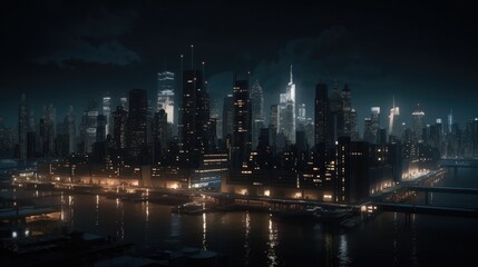 Skyline of modern city harbor at night. Created with Generative AI technology. 