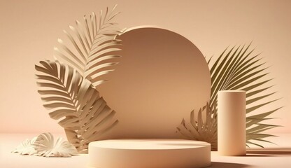 Stone pedestal podium on natural palm leaf shadow pastel beige backdrop. Tropical product promotion display. Created with Generative AI technology. 