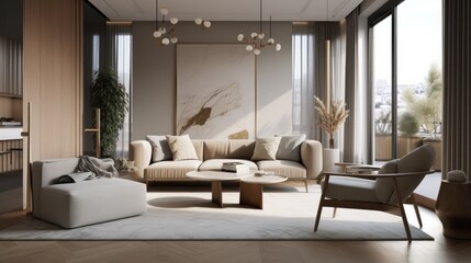modern interior decoration of living room. Created with Generative AI technology. 
