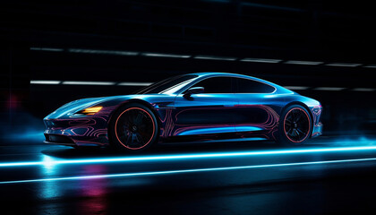 Obraz na płótnie Canvas A futuristic sports car races on a glowing motor racing track generated by AI
