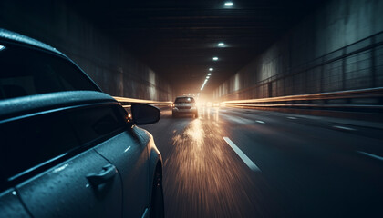 Obraz premium Driving on a long exposure journey through the futuristic city generated by AI