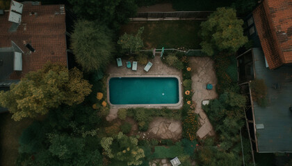 Modern architecture meets nature in aerial view of green landscape generated by AI