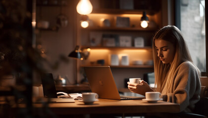 One woman, comfortable in casual clothing, enjoys coffee and technology generated by AI