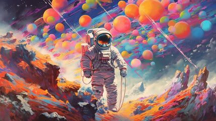 Beautiful painting of an astronaut in a colorful. 