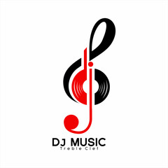 DJ music vector logo design with treble clef and disc.