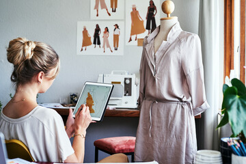 Fashion, woman drawing design on tablet with mannequin, small business ideas and creative process...