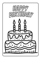 Coloring book page for kid sweet birthday cake decorated happy birthday with candle illustration theme