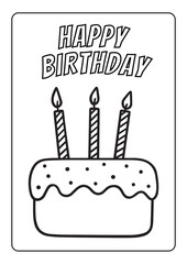 Coloring book page for kid sweet birthday cake decorated happy birthday with candle illustration theme