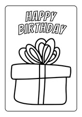 Coloring book page for kid sweet birthday cake decorated happy birthday with candle illustration theme