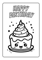 Coloring book page for kid sweet birthday cake decorated happy birthday with candle illustration theme