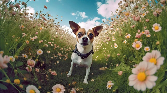 Generative Ai image of a cute chihuahua surrounded by a field of flowers