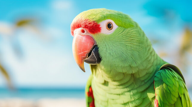 Close up of a rose ringed parakeet parrot at a tropical beach