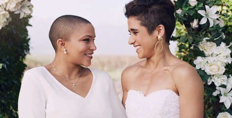 Love, marriage and lgbtq with lesbian couple at wedding for celebration, gay and pride. Smile,...