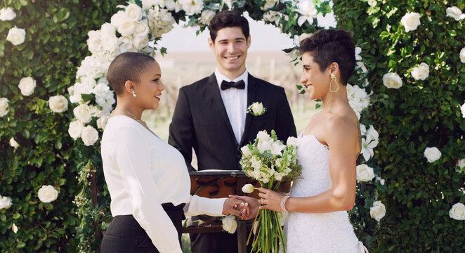 Wedding, commitment and happy lesbian couple at altar with smile, love and minister for ceremony. Lgbt marriage, celebration and happy woman with bride, diversity and lgbtq pride, happiness for women
