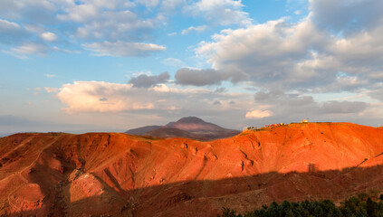 Landscape of red-colored Eynali Mountain range in Tabriz, East Azerbaijan Province, Iran. Tourist attraction and very popular among local people.